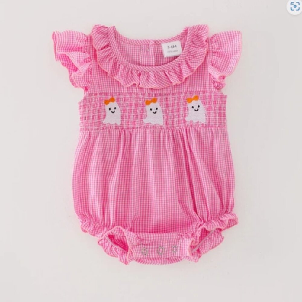Pink Gingham Baby One-Piece Romper with Smocked Ghost Embroidery